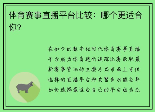 体育赛事直播平台比较：哪个更适合你？